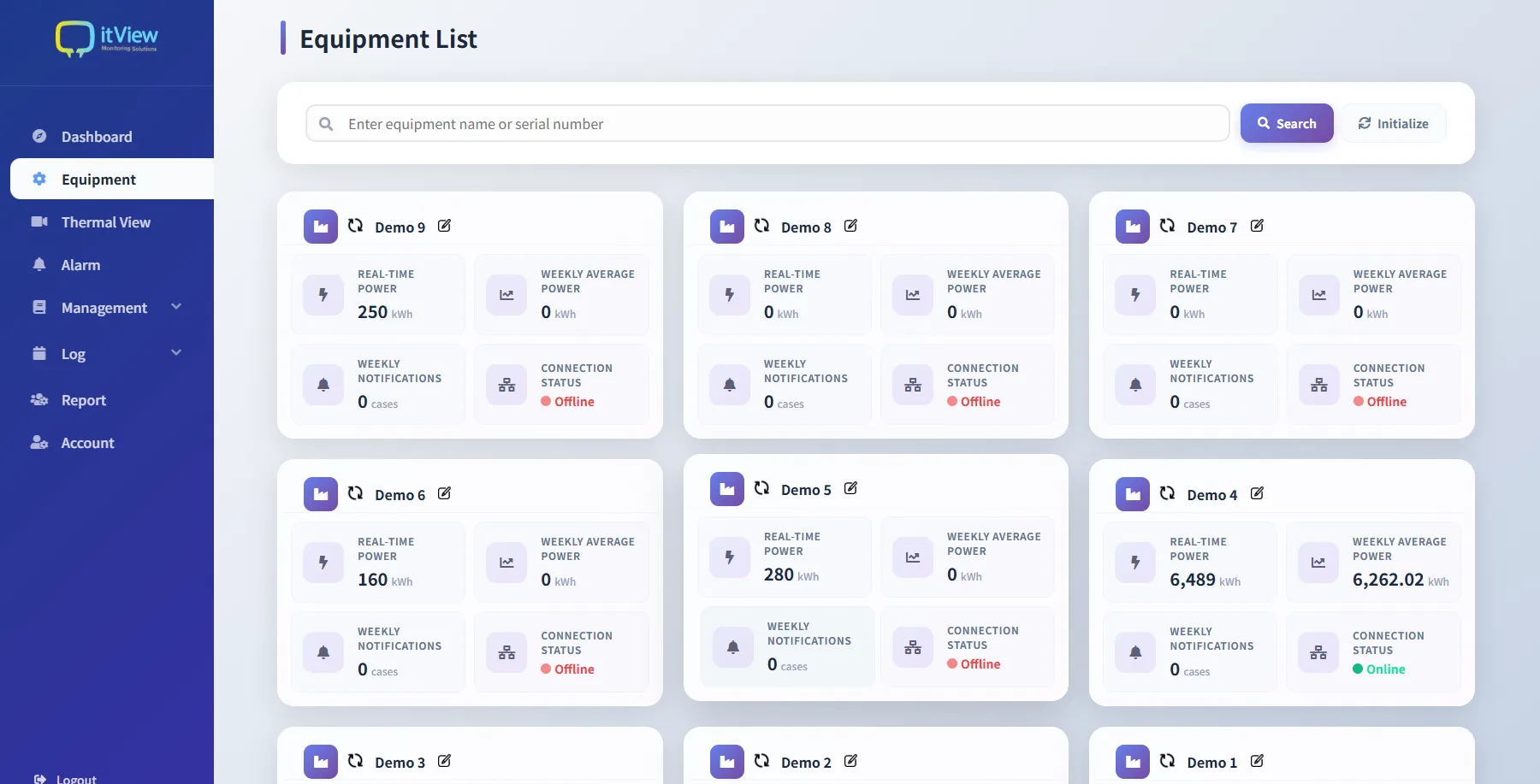 Equipment list screen